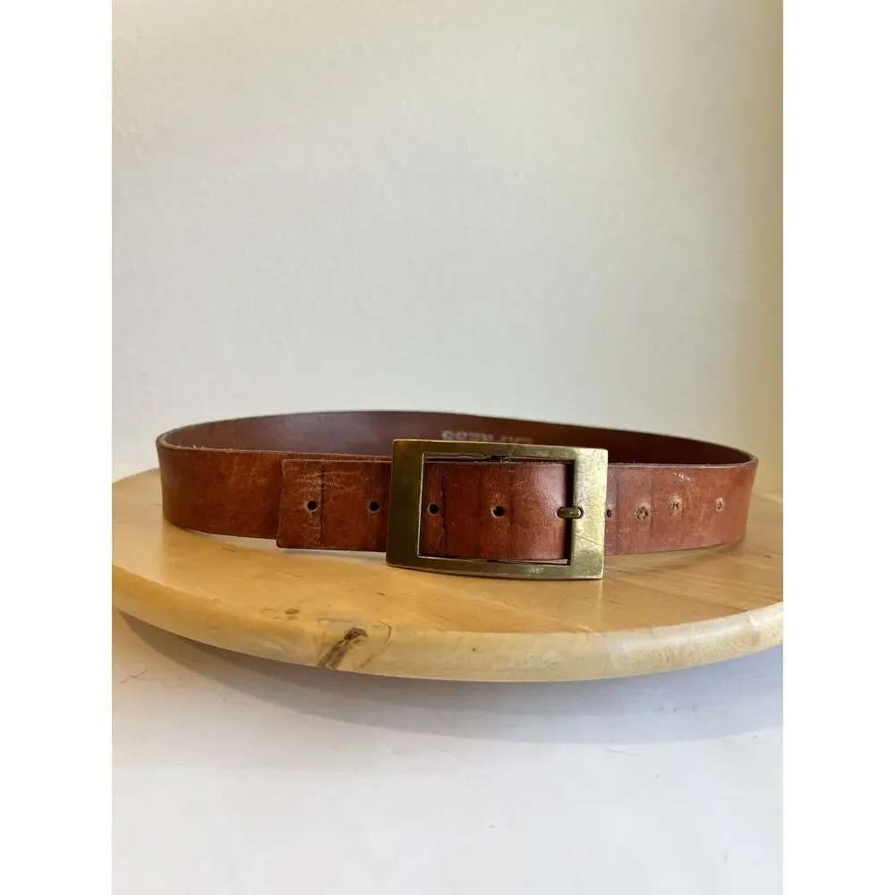 Vintage 90s Worn in Genuine Leather Gold Buckle Belt England Made Size Medium